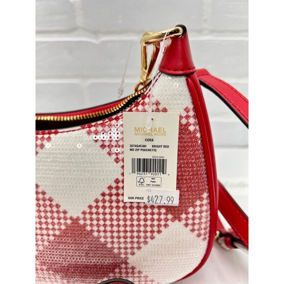 Michael Kors shoulder bag cora sequence plaid medium purse crossbody bright red - Picture 5 of 7